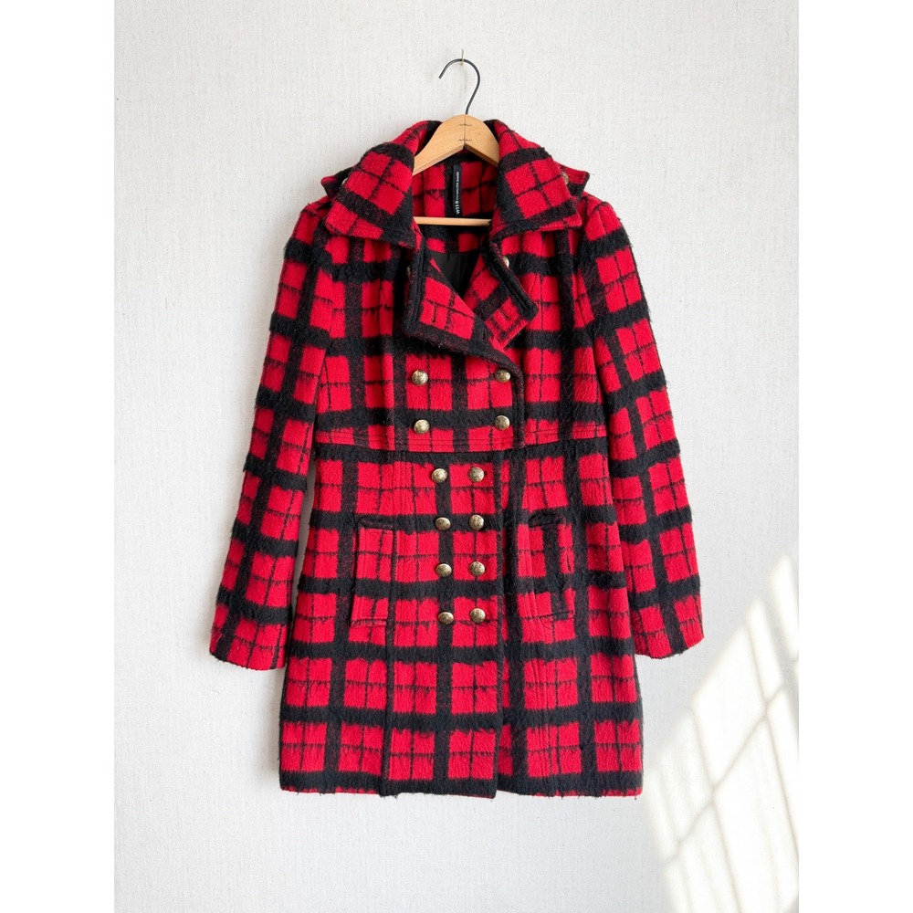 W118 by Walter Baker Red Black Plaid Double Breasted Peacoat Gold Crest Buttons